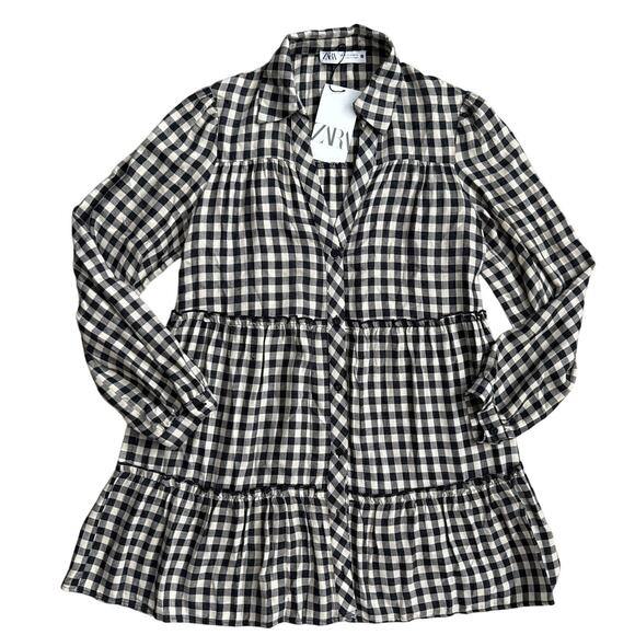 Zara Gingham Plaid Button Front Tier Layered Mini Dress Black Size XS - Picture 7 of 10